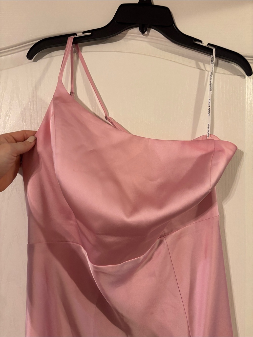 Birdy Grey One-Shoulder Bubblegum Pink Satin Gown - Picture 4 of 6